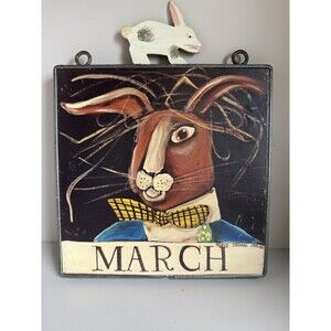 Vintage Nancy Thomas Folk Art 1988 March Hare Wall Hanging Plaque Metal Frame